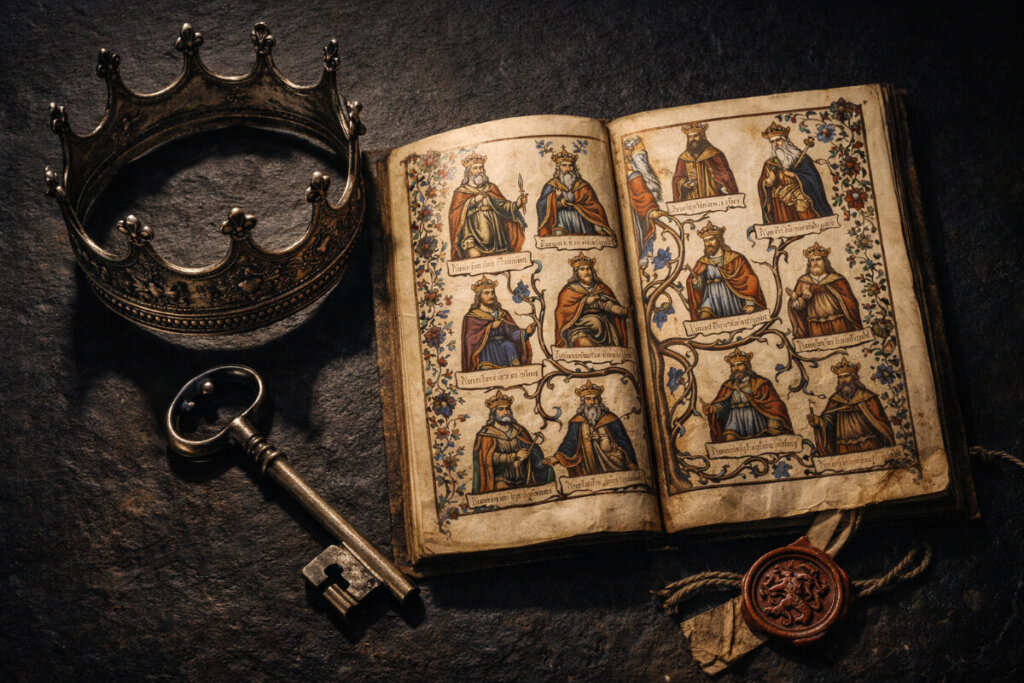 Composizione con una corona antica, un manoscritto e un sigillo reale, a rappresentare la ricca eredità storica del significato nome Riccardo.