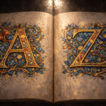 Un antico manoscritto miniato aperto con le lettere A e Z decorate in oro e lapislazzuli, a simboleggiare la guida completa ai nomi più belli.