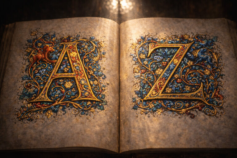 Un antico manoscritto miniato aperto con le lettere A e Z decorate in oro e lapislazzuli, a simboleggiare la guida completa ai nomi più belli.