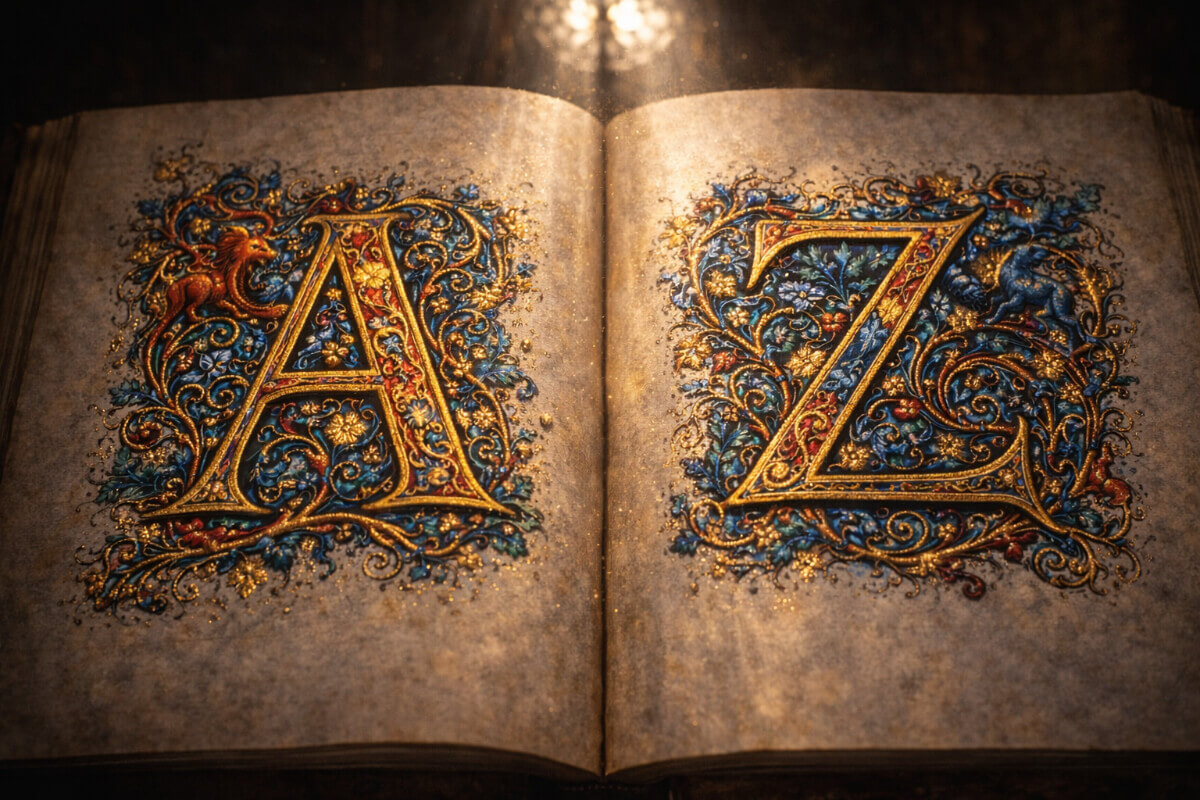 Un antico manoscritto miniato aperto con le lettere A e Z decorate in oro e lapislazzuli, a simboleggiare la guida completa ai nomi più belli.