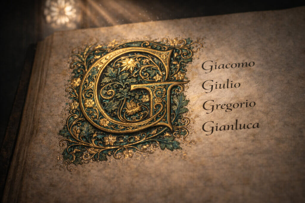 Un antico manoscritto miniato con la lettera G decorata in oro e verde foresta, simbolo della grandezza e della storia dei nomi con la G.