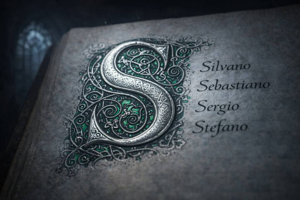 Un antico manoscritto miniato con la lettera S decorata in argento e verde, simbolo dello stile e della storia dei nomi con la S.