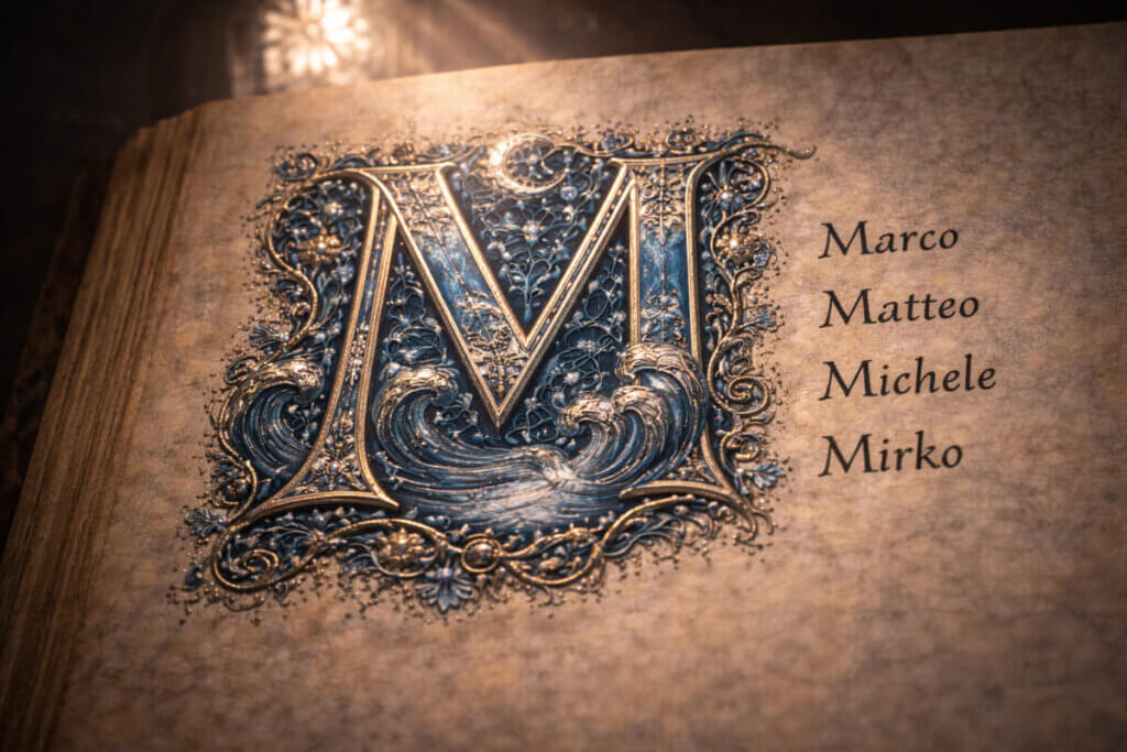 La lettera M miniata su un antico manoscritto, a simboleggiare la guida ai nomi che iniziano con la M.
