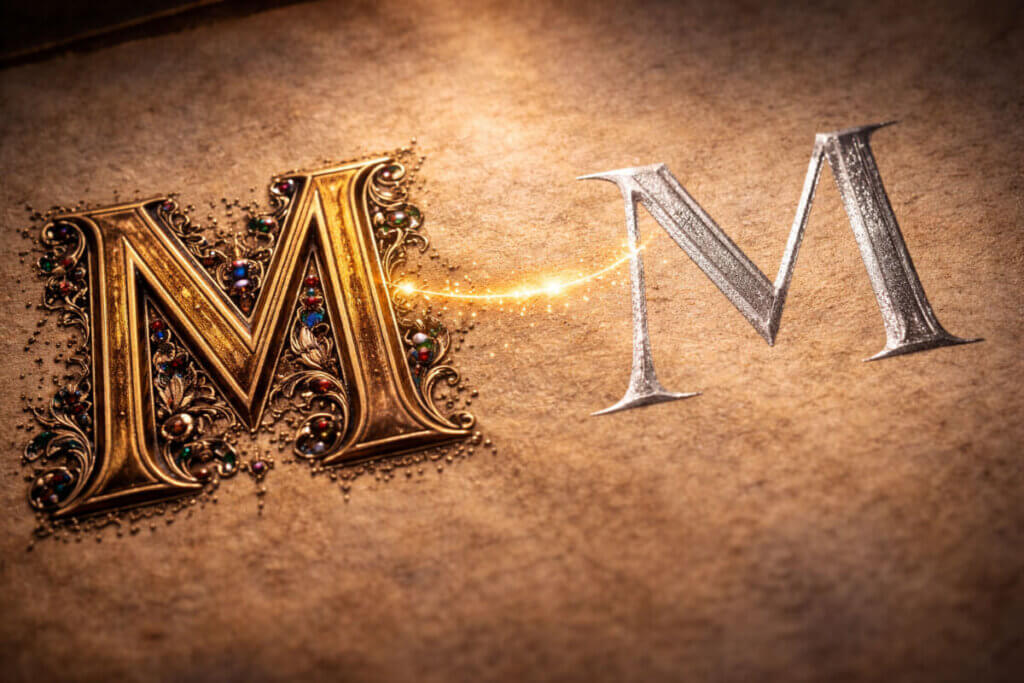 Una lettera M classica e una moderna collegate da un filo di luce, a simboleggiare la dualità dei nomi con la M.