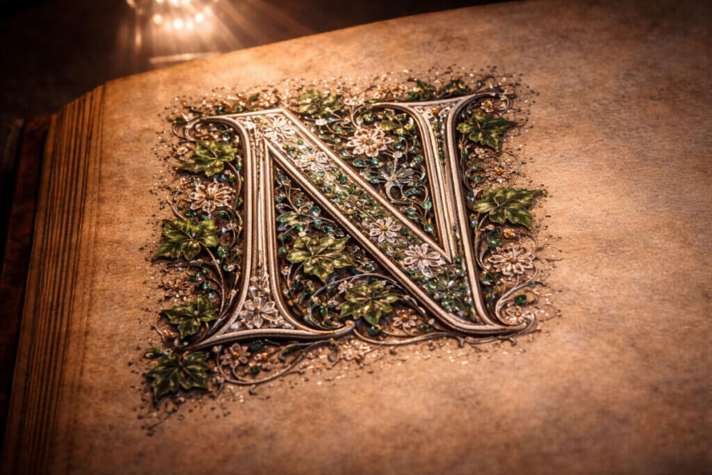 La lettera N miniata su un antico manoscritto, a simboleggiare la guida ai nomi che iniziano con la N.