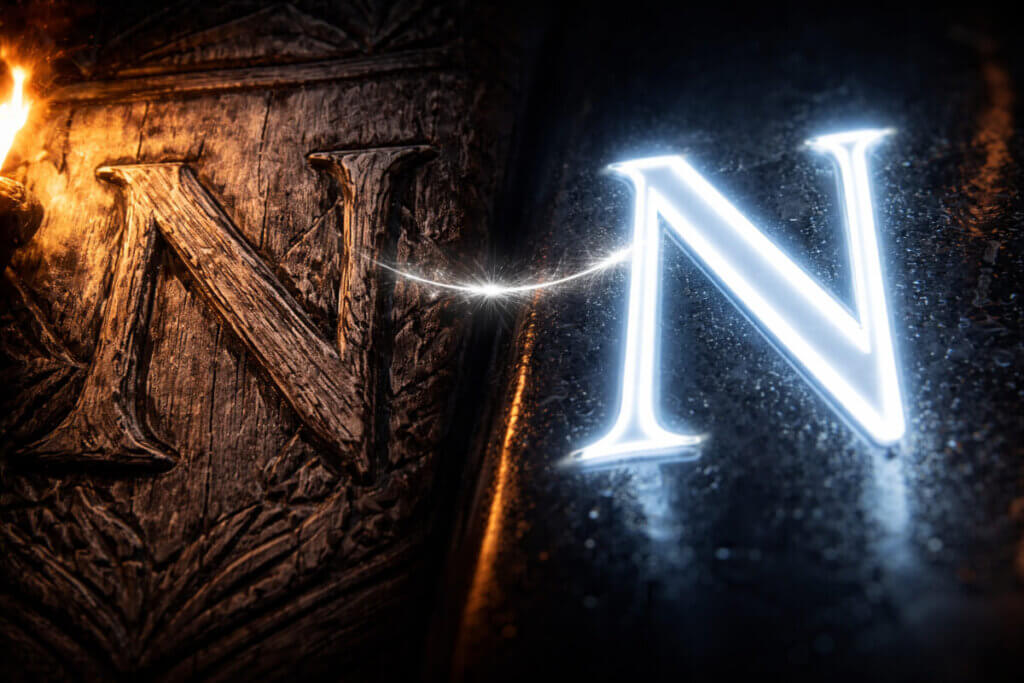 Una lettera N classica e una moderna collegate da un filo di luce, a simboleggiare la dualità dei nomi con la N.