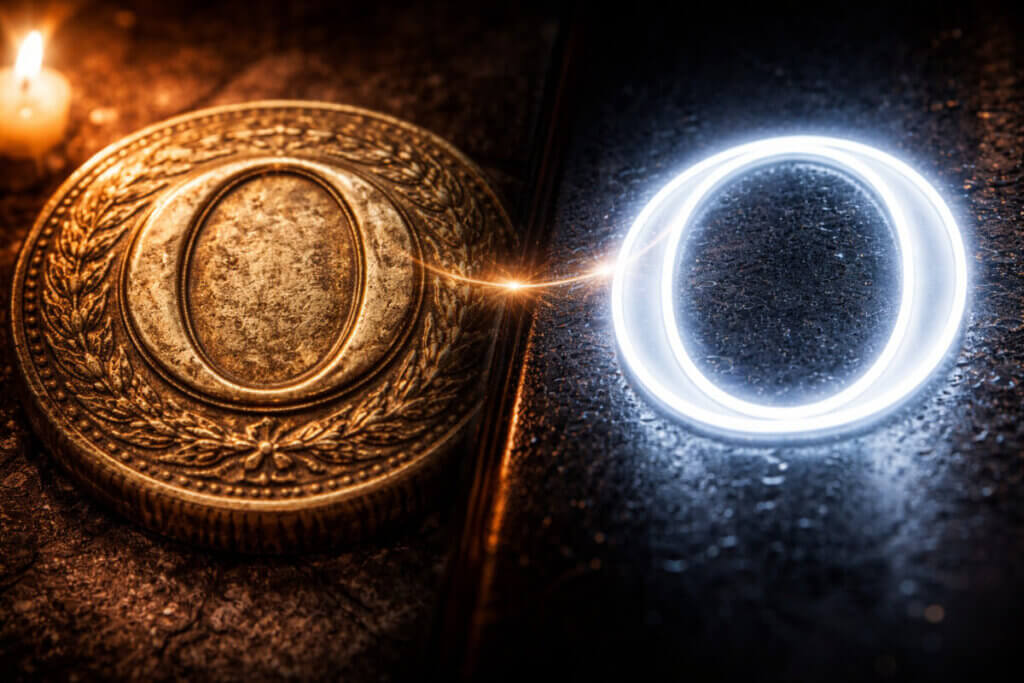  Una lettera O classica e una moderna collegate da un filo di luce, a simboleggiare la dualità dei nomi con la O.