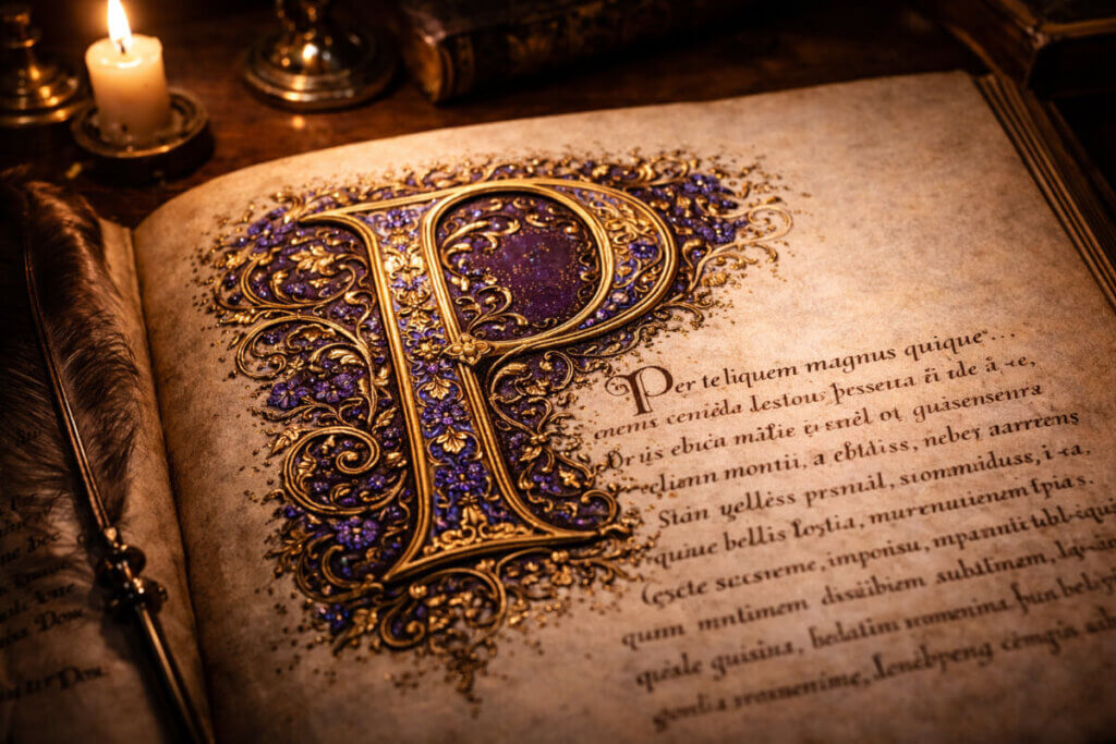 Manoscritto antico con la lettera P miniata in oro e porpora.