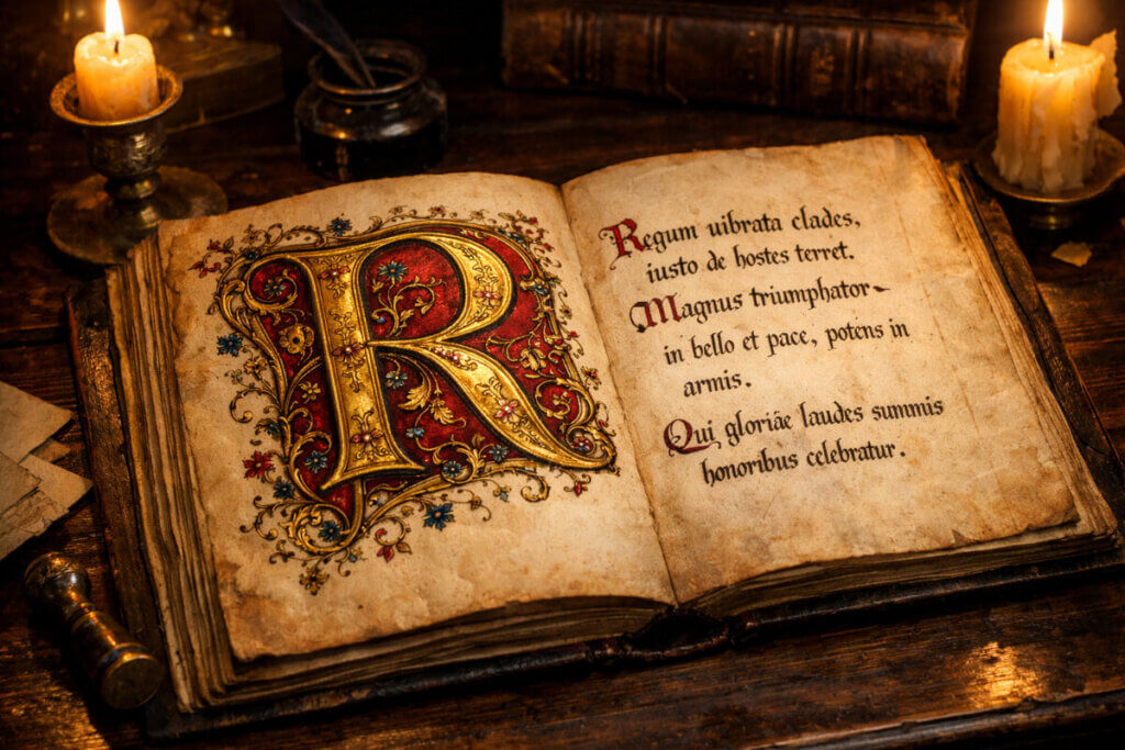 Antico manoscritto miniato con la lettera R in oro e rosso rubino.