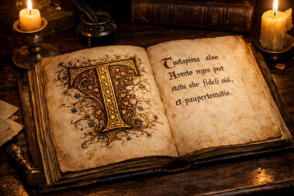 Antico manoscritto miniato con la lettera T in oro e marrone terra