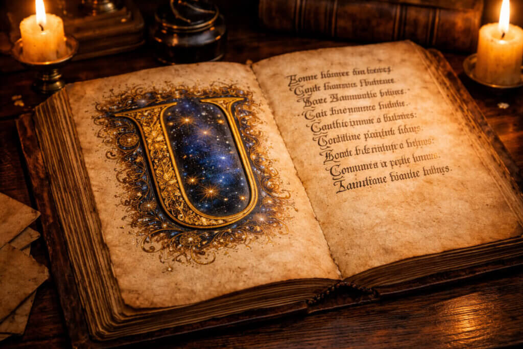 Antico manoscritto miniato con la lettera U in oro e blu notte stellato.