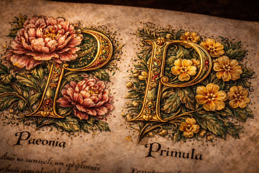 Illustrazione botanica della lettera P in un erbario antico.
