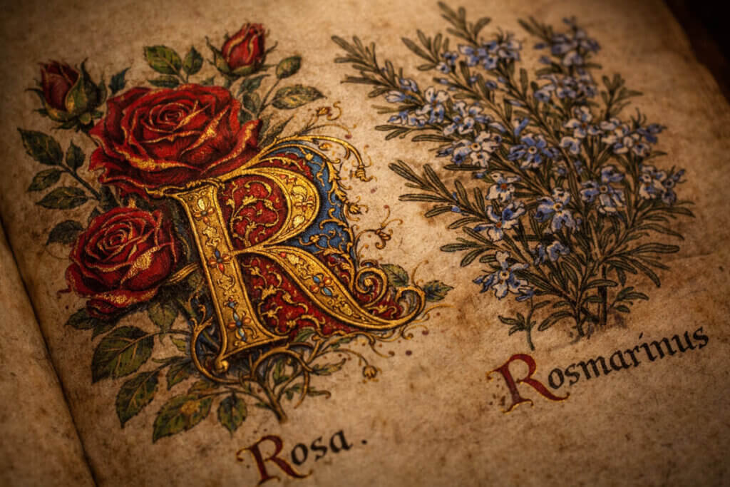 Illustrazione botanica della lettera R in un erbario antico.