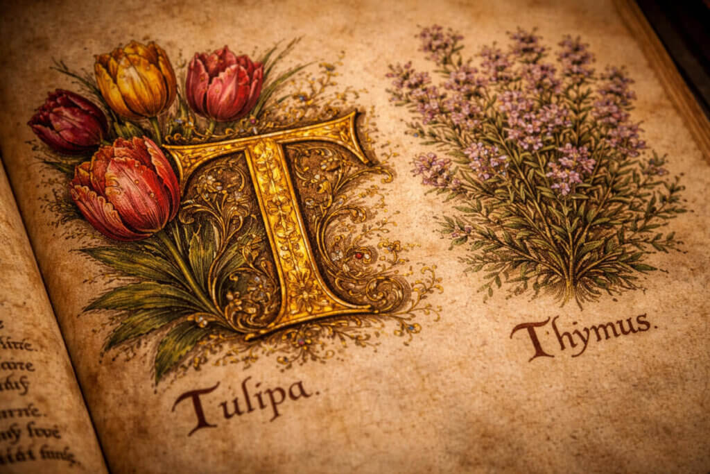 Illustrazione botanica della lettera T in un erbario antico.