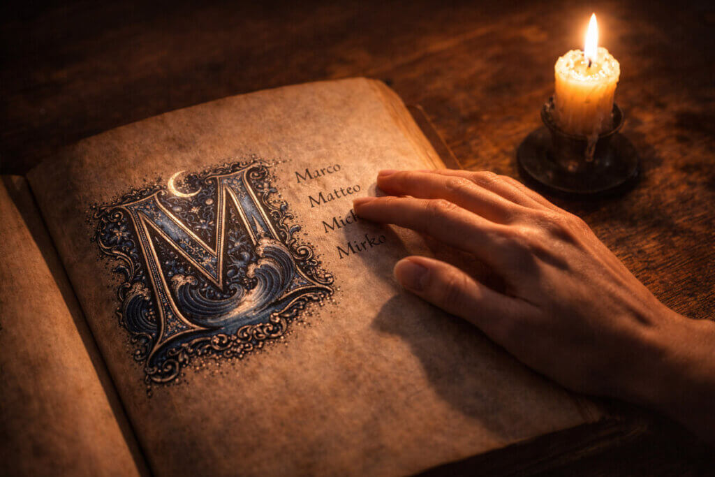 Una mano sfiora la lettera M su un libro antico, a simboleggiare la scelta intima e importante di un nome.