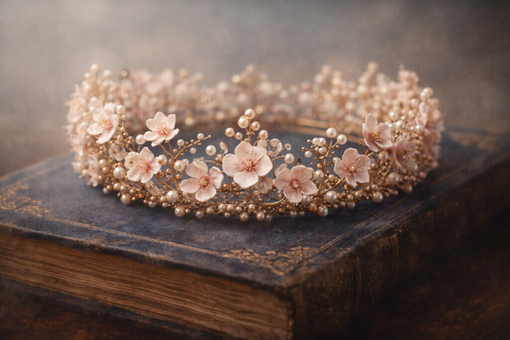 Corona di fiori e perle su un libro antico, a simboleggiare la guida ai 100 nomi femminili più belli ed eleganti.