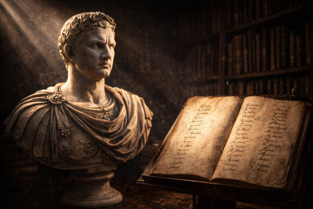 Busto di marmo di un imperatore romano in una biblioteca antica, a simboleggiare la guida ai 100 nomi maschili più belli e autorevoli del 2026.
