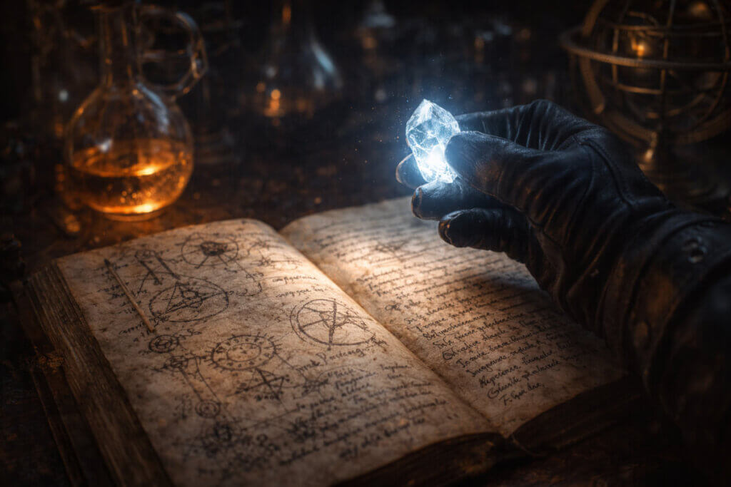 Mano di un alchimista che tiene una gemma luminosa su un libro di formule, a simboleggiare la ricerca di nomi maschili rari, unici e originali.