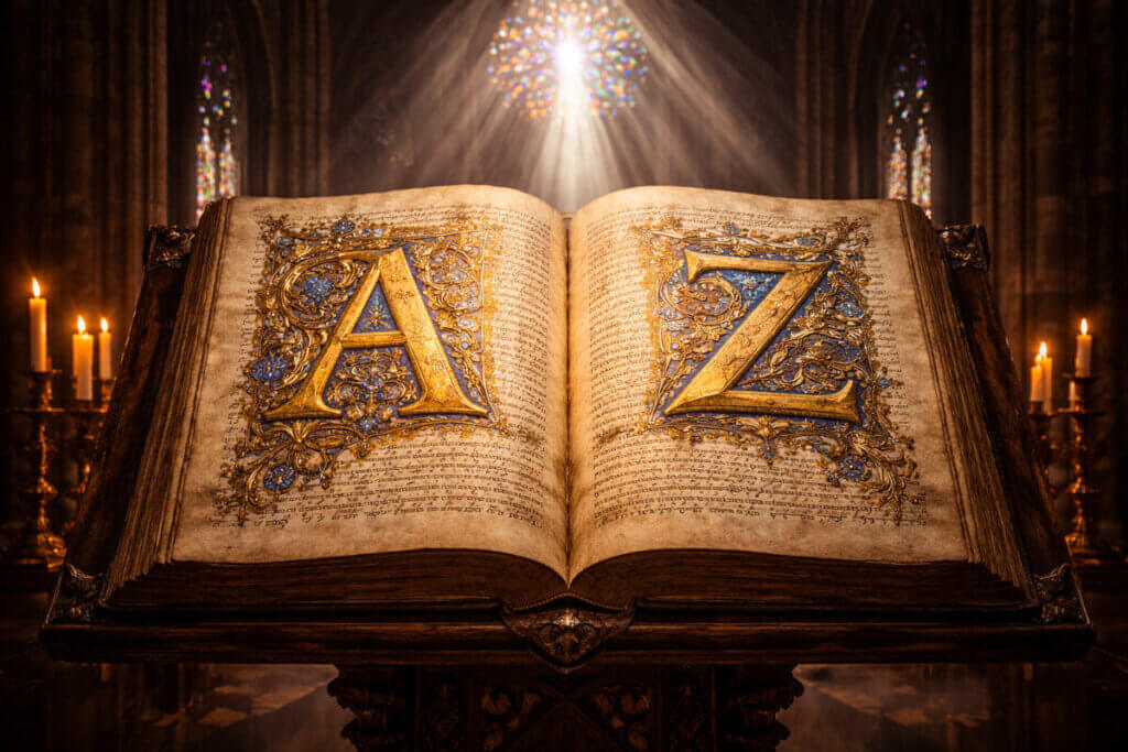 Libro antico in una cattedrale con le lettere A e Z miniate in oro, a rappresentare la guida definitiva ai 200 nomi più belli del 2026.
