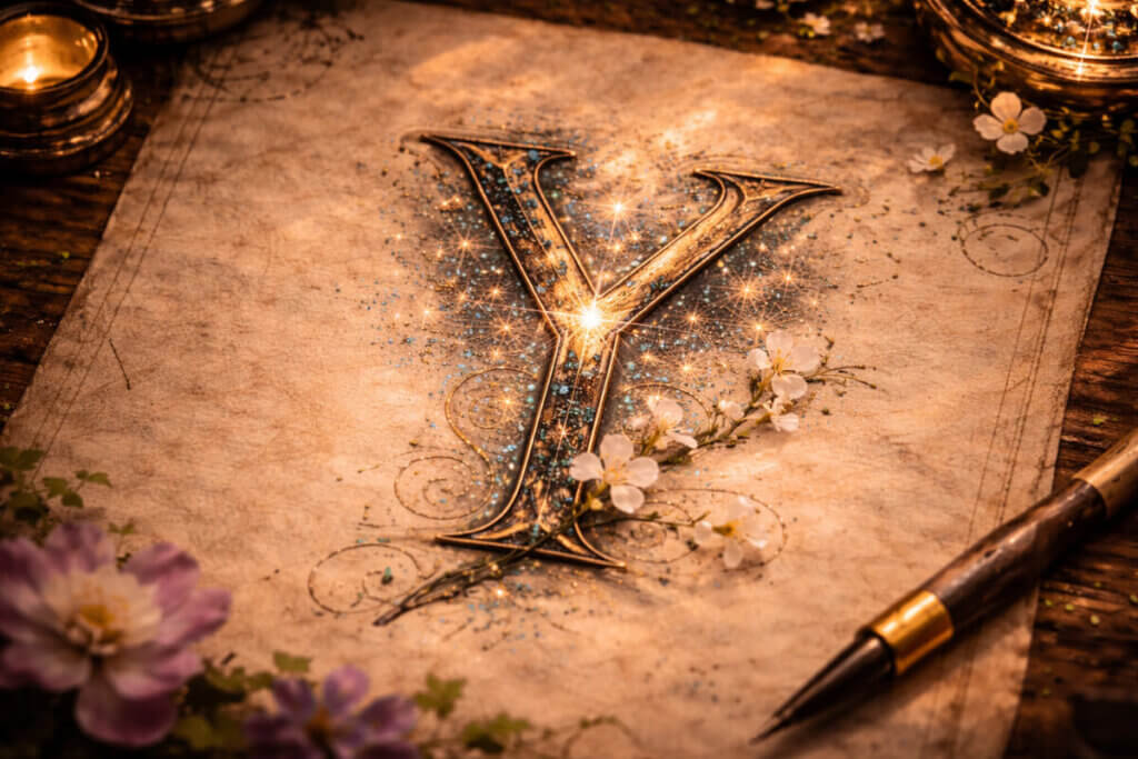 Lettera Y miniata su pergamena antica con decorazioni floreali, dettagli dorati e luce calda cinematografica in stile manoscritto medievale