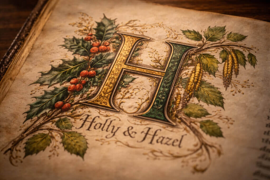 Fanno parte dei nomi rari e stranieri Illustrazione botanica della lettera H su un manoscritto antico, decorata con rami di agrifoglio (Holly) e nocciolo (Hazel).