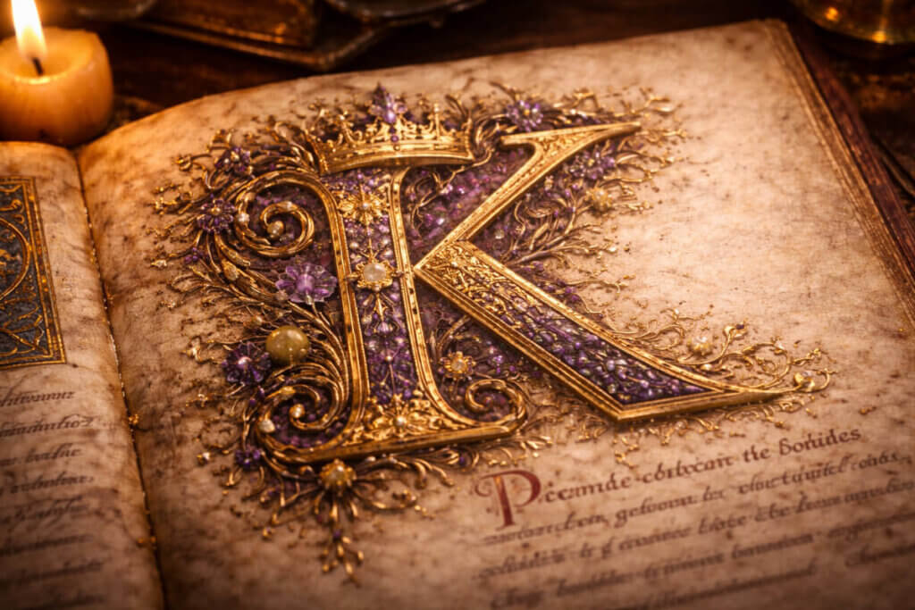 Antico manoscritto miniato con la lettera K in oro e porpora reale.