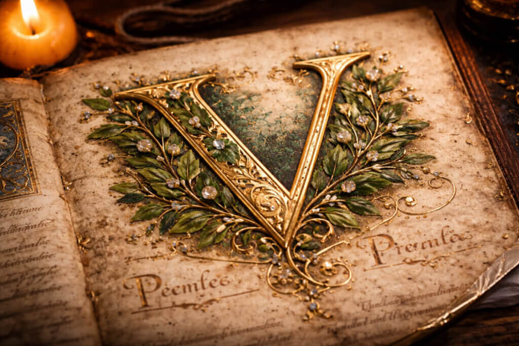 Antico manoscritto miniato con la lettera V in oro e verde smeraldo.