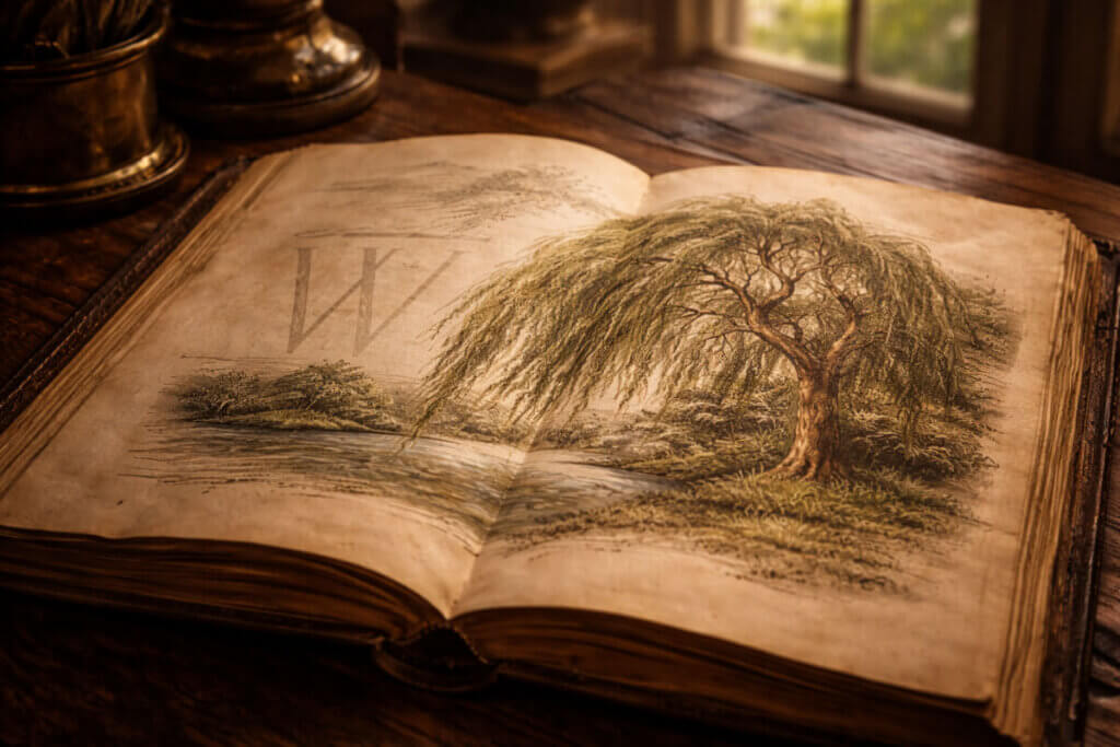 Disegno di un albero di salice (Willow) su un libro antico, a rappresentare i nomi con la lettera W legati al vento e all'acqua.