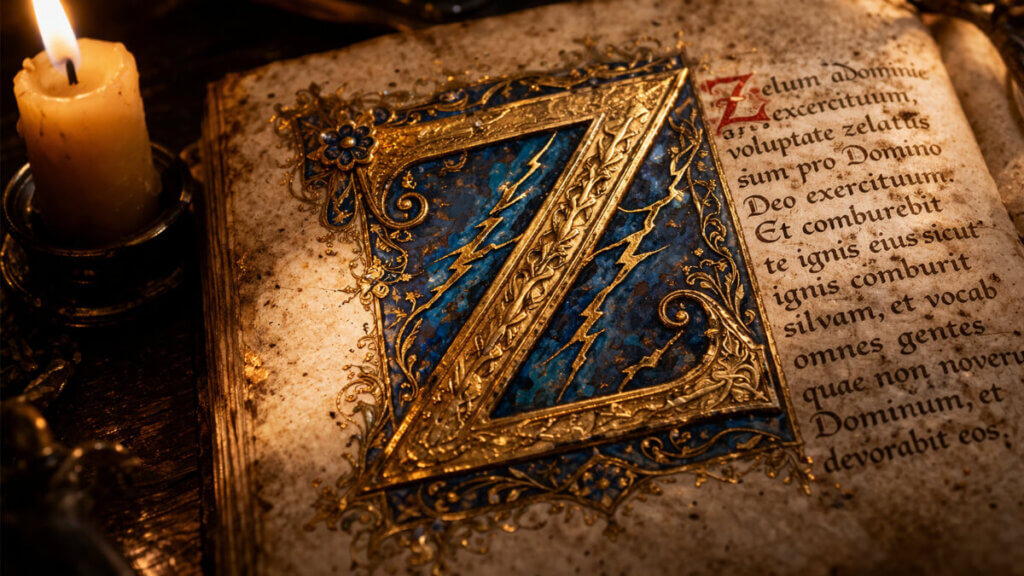 Antico manoscritto miniato con la lettera Z in oro e blu zaffiro.