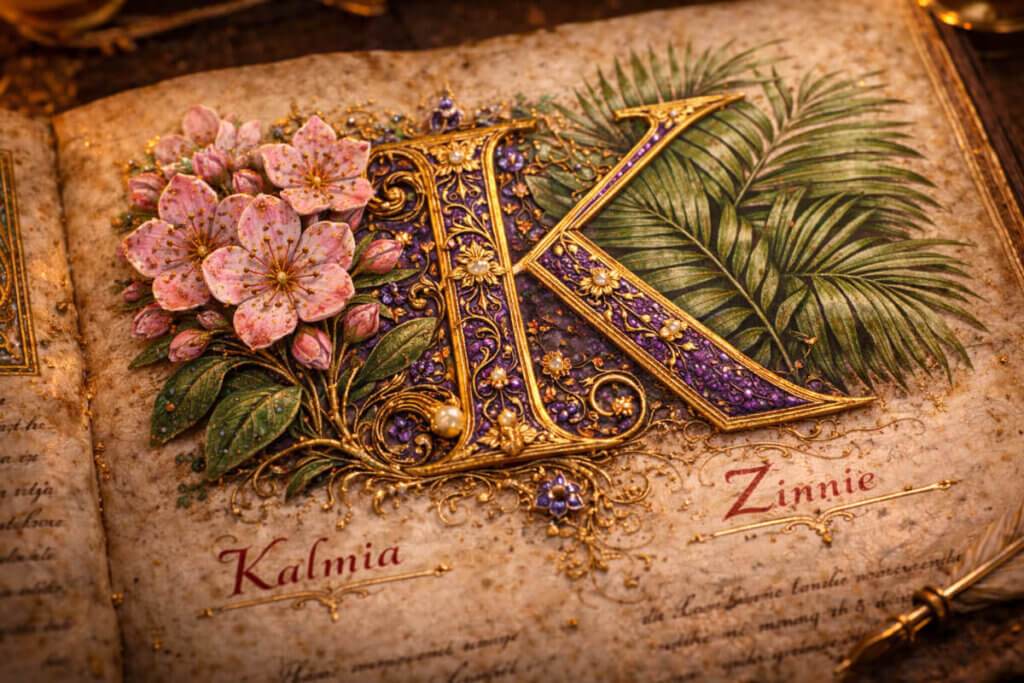 Illustrazione botanica dei nomi con la  K in un erbario antico con fiori di Kalmia.