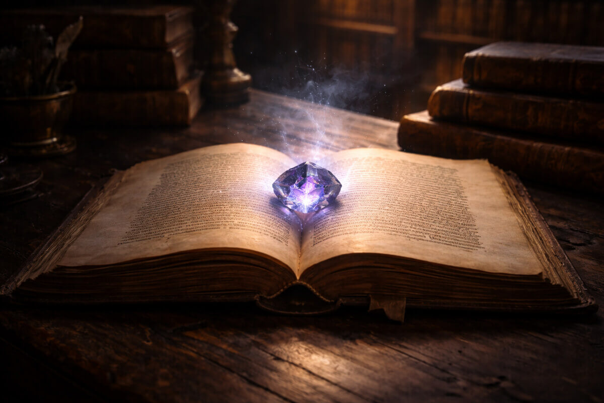 Una gemma rara e luminosa appoggiata sulle pagine di un libro antico, a simboleggiare la scoperta di nomi unici e preziosi.