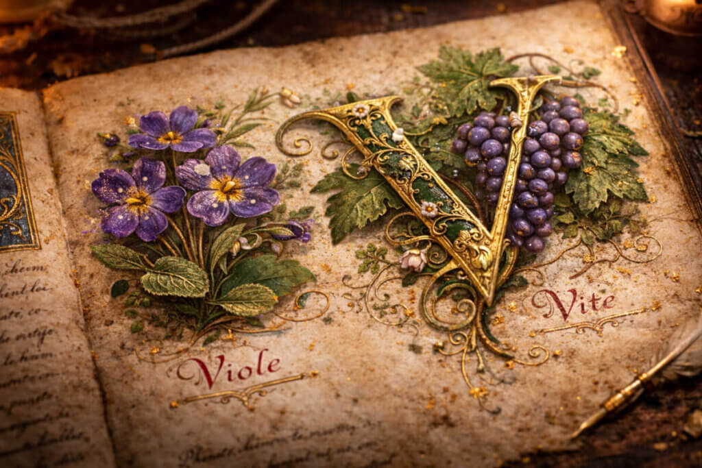 Illustrazione botanica dei nomi con la v in un erbario antico con viole e vite.