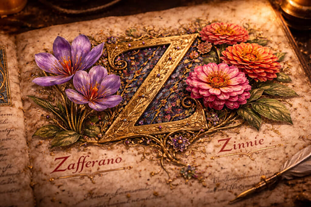 Illustrazione botanica dei nomi con la Z in un erbario antico con zafferano e zinnie.