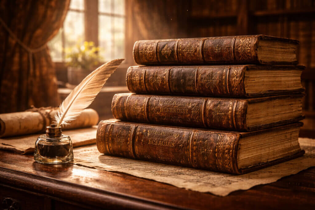 Pila di antichi libri di filosofia con calamaio e piuma, a simboleggiare la mente analitica e i grandi pensatori di nome Tommaso.