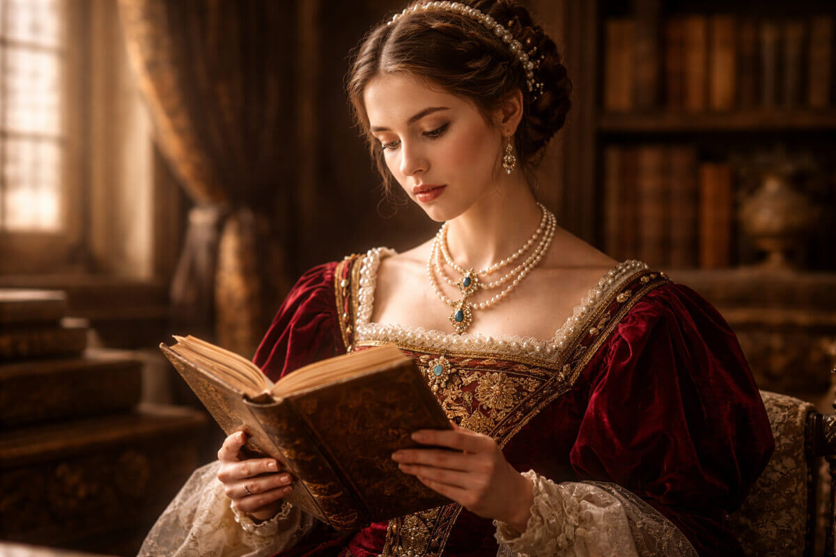 Nobil donna rinascimentale che legge un libro, a simboleggiare la guida alla storia e al significato dei nomi femminili italiani.
