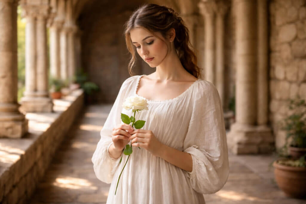 Donna in un chiostro medievale, simbolo della forza spirituale e della storia dei nomi femminili italiani legati alla fede.