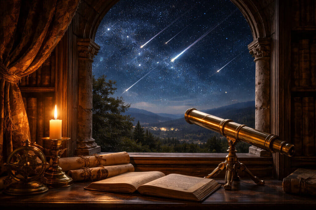 Finestra di un'antica biblioteca che si affaccia su un cielo notturno pieno di stelle cadenti, a simboleggiare la magica notte di San Lorenzo.