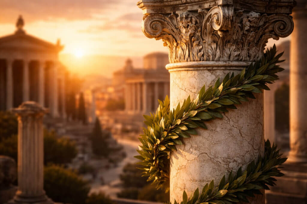 Antica colonna romana avvolta da un ramo di alloro verde, che rappresenta l'origine latina del nome Lorenzo e la città di Laurentum.