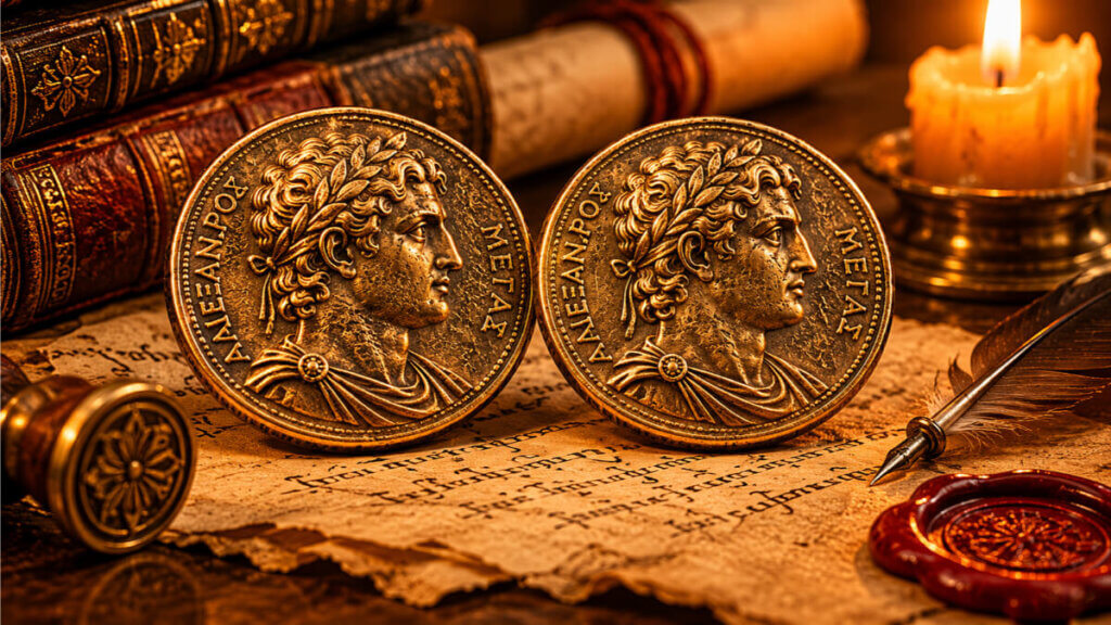 Due antiche monete di bronzo identiche su una pergamena, che rappresentano l'origine aramaica del (significato) nome Tommaso, il cui significato è gemello.