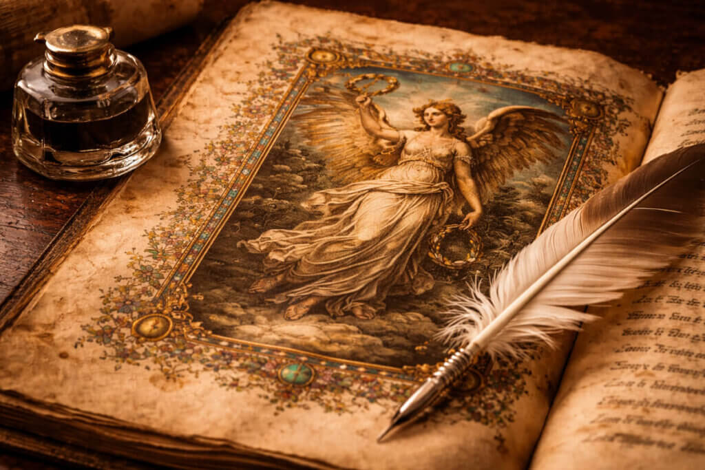 Antico manoscritto miniato che raffigura la dea romana Vittoria con le ali, a rappresentare l'origine latina del nome.