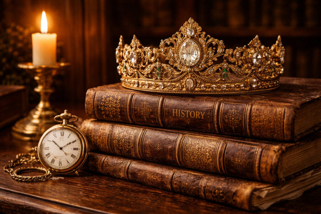 Antica corona di epoca vittoriana appoggiata su libri di storia, a simboleggiare le grandi regine e donne storiche di nome Vittoria.
