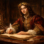 Ritratto in stile classico di un nobile studioso con corona d'alloro in un'antica biblioteca, a simboleggiare il significato del nome Lorenzo.