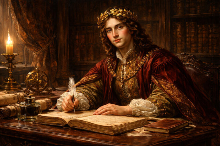 Ritratto in stile classico di un nobile studioso con corona d'alloro in un'antica biblioteca, a simboleggiare il significato del nome Lorenzo.