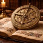 Antico astrolabio in ottone appoggiato su un manoscritto, a simboleggiare la ricerca della verità legata al significato del nome Tommaso.