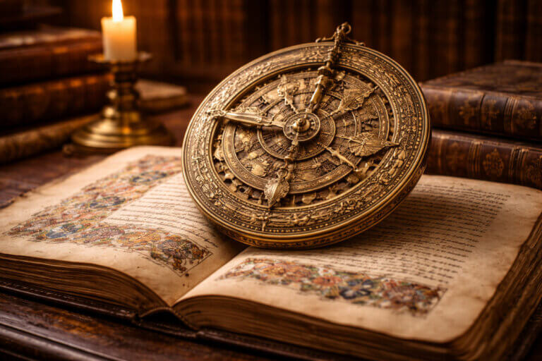 Antico astrolabio in ottone appoggiato su un manoscritto, a simboleggiare la ricerca della verità legata al significato del nome Tommaso.