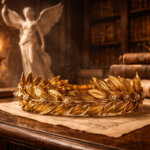 Antica corona d'oro romana e statua di una dea alata in una biblioteca, a simboleggiare il trionfo e il significato del nome Vittoria.