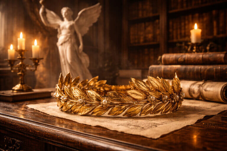 Antica corona d'oro romana e statua di una dea alata in una biblioteca, a simboleggiare il trionfo e il significato del nome Vittoria.