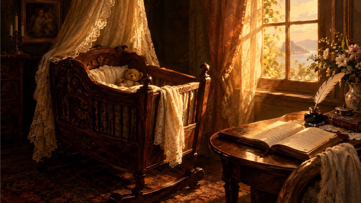 Un'antica culla in legno illuminata da una luce dorata e un diario in pelle aperto, a simboleggiare la preparazione e la Lista Nascita Amazon per l'arrivo del bambino.