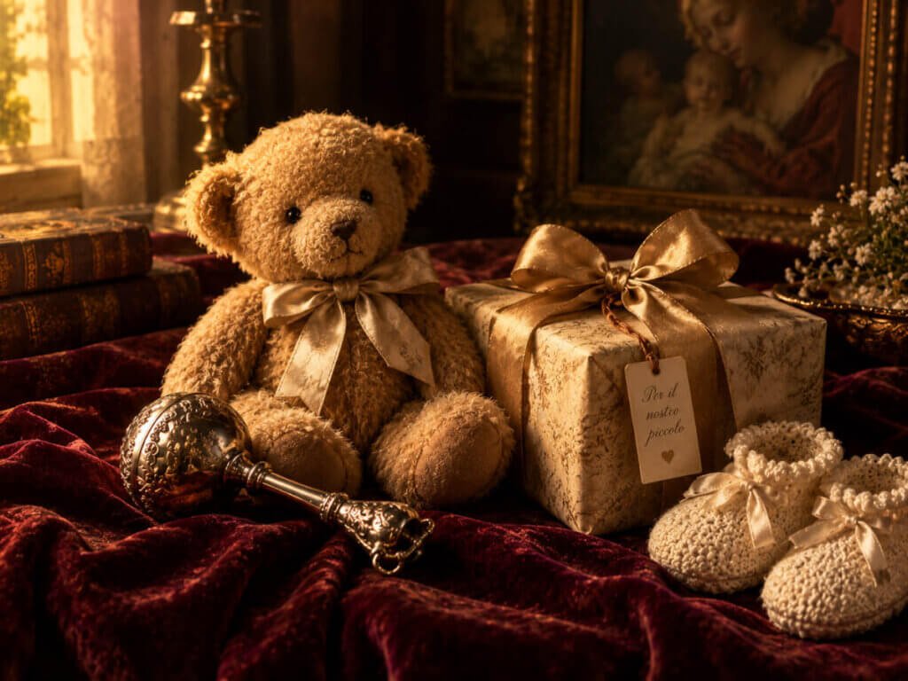 Antico sonaglio d'argento, peluche vintage e un dono elegante, a simboleggiare i regali e i vantaggi esclusivi della Lista Nascita Amazon.
